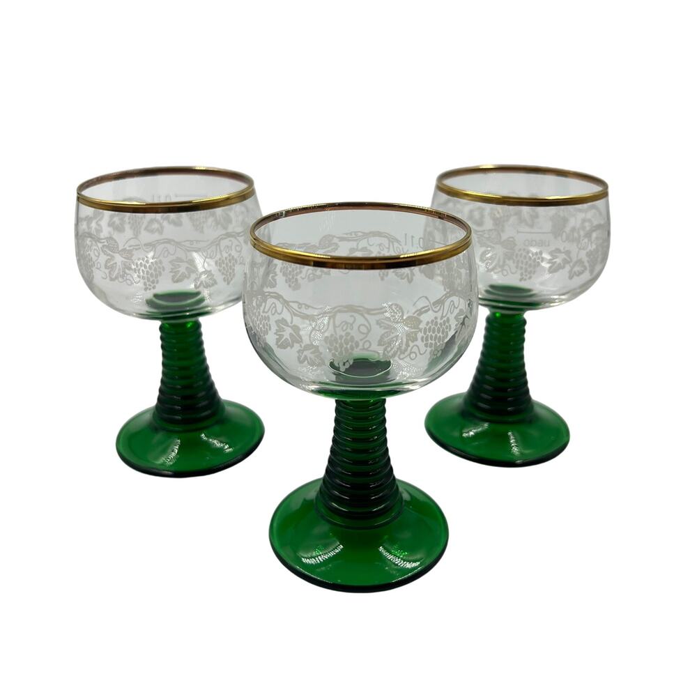 Vintage VCA Etched Cordial Glasses Set 3 Green Ribbed Stem MCM Bar Cart Gold Top